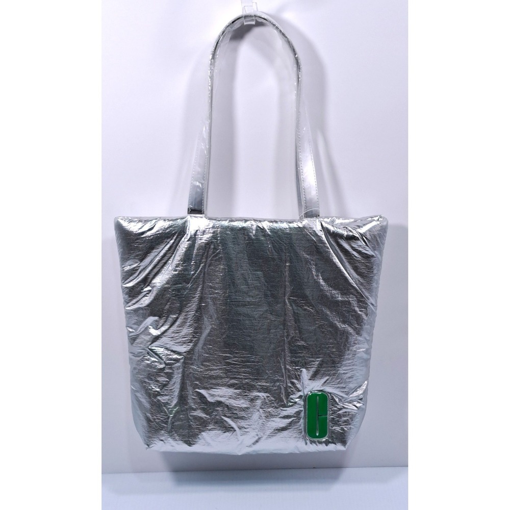 Clinique Metallic Silver Puffer Tote Bag Green Lining Magnetic Snap NEW